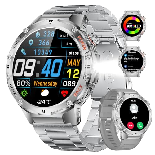 LIGE EF7 男性軍用スマートウォッチ、LED懐中電灯付き、1.43インチAMOLEDハイビジョンスクリーン、懐中電灯100+スポーツモードフィットネストラッカー腕時計 メンズ、5 ATM防水、600 mAh大容量バッテリー、アンドロイドiOS対応男性 smartwatch